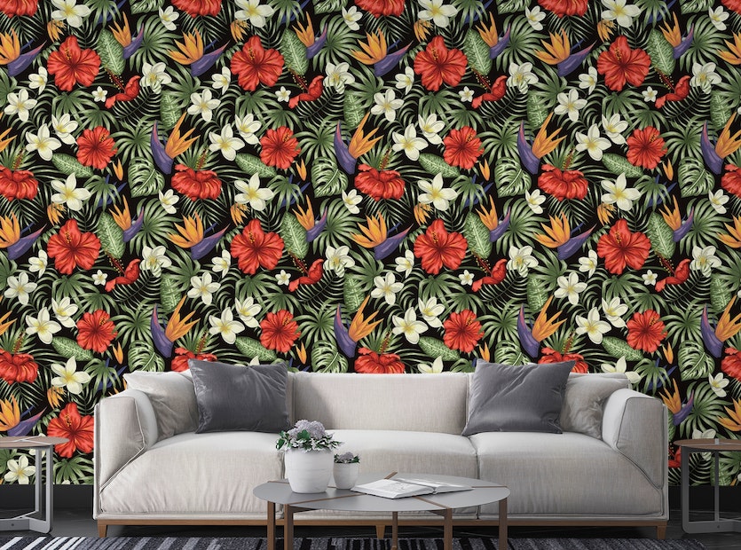 Bringing Classic Wallpaper Designs into the Modern Home 5 Red Flowers Tropical Leaves Living Room Wallpaper